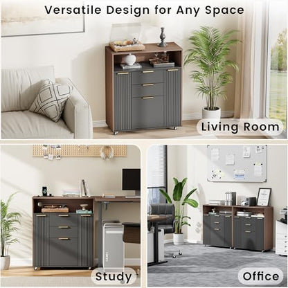 ModernMate Fluted Mobile File Cabinet with Charging Station | 37" Rolling Storage Cabinet with 3 Drawers, Printer Stand with Wheels for Home Office, Black Walnut - color: Black Walnut