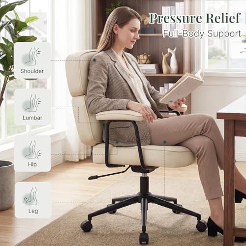 Ergonomic Leather Office Chair, High Back Executive Desk Chair | Comfy Lumbar Support, Padded Arms, Adjustable Height, 360° Swivel Rolling Computer Chairs for Home Office, Beige - color: Beige