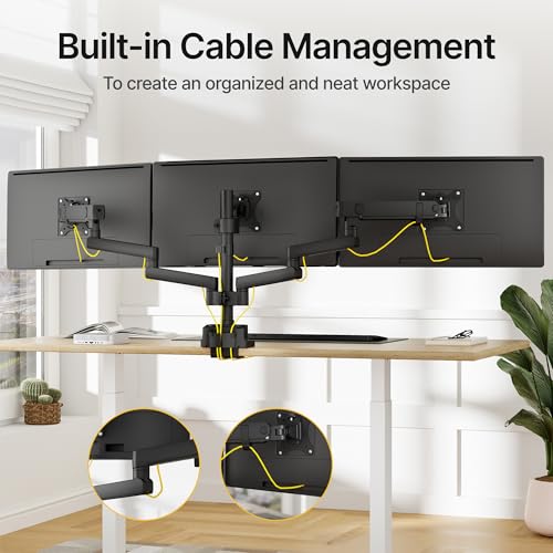 monTEK Triple Monitor Mount for 13"-27" Screens, Max 19.8 lbs Each Arm | Heavy Duty Aluminum Full Motion 3 Monitor Desk Stand, Height Adjustable Swivel Tilt Bracket, Clamp & Grommet Mounting