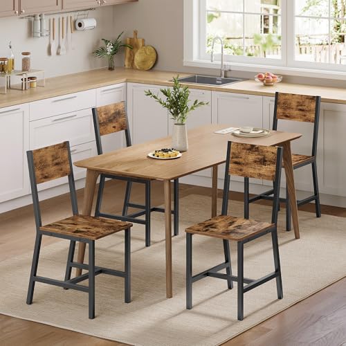 VASAGLE Dining Chair Set of 4, Rustic Wood Chairs with Metal Steel Frame, Easy to Assemble, Comfortable Seat, Modern Farmhouse Chair for Kitchen, Bedroom, Living Room, Rustic Brown and Ink Black - color: Rustic Brown + Ink Black, size: 4 Pack