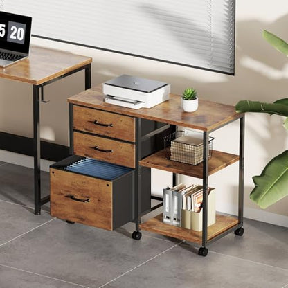 Maihail 3 Drawer File Cabinet with Wheels with Open Storage Shelf - color: Rustic Brown Top+brown Drawer