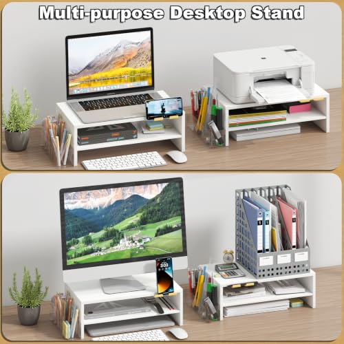 TEAMIX 2-Tier White Monitor Stand Riser with Phone Holder&Clear Pen Holder - color: White, size: 15.7 x 9.5 x 5.7 inches