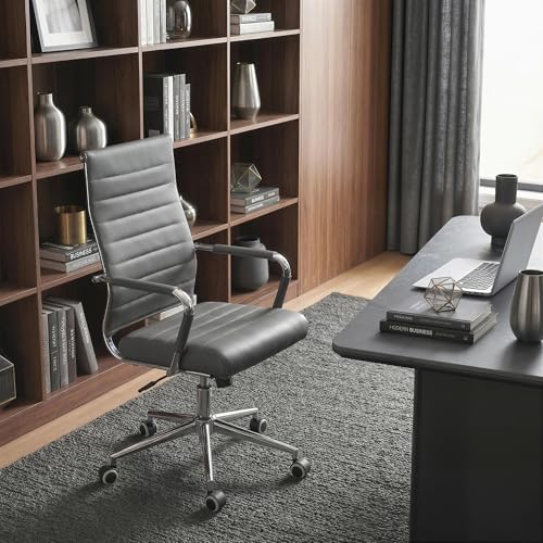 Okeysen Grey Office Desk Chair, Ergonomic Leather Modern Conference Room Chairs, Executive Ribbed Height Adjustable Swivel Rolling Chair for Home Office. - color: Grey