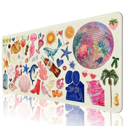 Desk Mat, Leather Desk Pad Blotter Protector, XXL Large Mouse Pad,Computer Laptop Mouse Pads for Desktop,Waterproof Writing Anti-Slip Mousepad for Office and Home I Cream Trendy Stickers - color: Cream Trendy Stickers