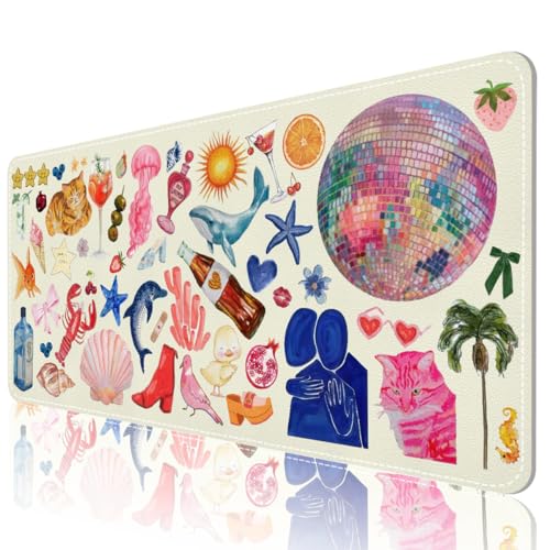 Desk Mat, Leather Desk Pad Blotter Protector, XXL Large Mouse Pad,Computer Laptop Mouse Pads for Desktop,Waterproof Writing Anti-Slip Mousepad for Office and Home I Cream Trendy Stickers - color: Cream Trendy Stickers
