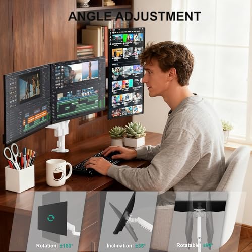 WALI Triple Monitor Mount for 13-32 inch Screens, Adjustable 3 Monitor Desk Mount with Swivel, Tilt, Clamp & Grommet Kit, Triple Monitor Stand for Desk, VESA 75x75/100x100mm (GSDM003W), White