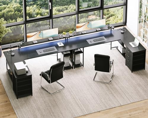 AODK 61 Inch L Shaped Computer Desk with 4 Drawers, LED Lights, Black - color: Black, size: 61 inches