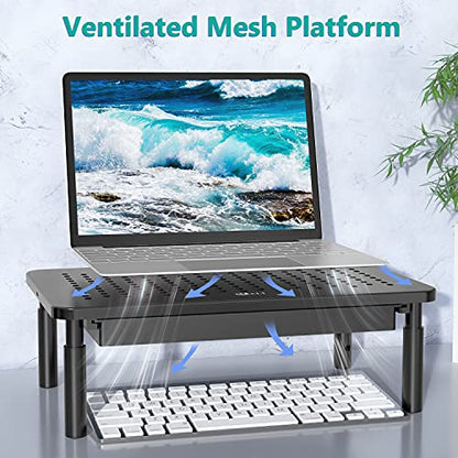 WALI Computer Monitor Stand with Storage, Desk Monitor Riser 3 Height Adjustable, Laptop Riser with Airflow Vents, Desk Organizer for Computer, Laptop, Printer, Notebook (STT003D-B), 1 Pack, Black | 3 Height Adjustable Laptop Monitor Riser with Airflow Ve