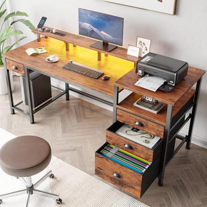 Furologee 60" Computer Desk with 4 Drawers, Power Outlet, LED, Rustic Brown - color: Rustic Brown, size: 60 Inch