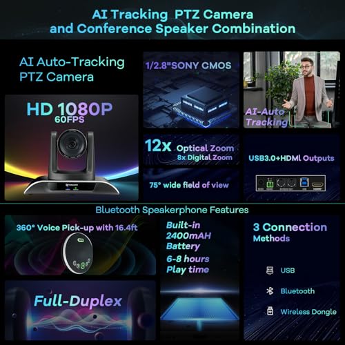 12x Zoom Conference Room Video Camera System, Al Auto-Tracking HD 1080P 60fps 12X Optical Zoom USB3.0 HDMI PTZ Camera 75° FOV and Bluetooth Conference Speaker with Microphones Bundle for Medium Room - color: Jet