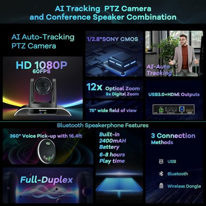 12x Zoom Conference Room Video Camera System, Al Auto-Tracking HD 1080P 60fps 12X Optical Zoom USB3.0 HDMI PTZ Camera 75° FOV and Bluetooth Conference Speaker with Microphones Bundle for Medium Room - color: Jet