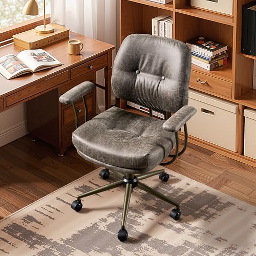 HOOOWOOO Ergonomic Office Chair,Mid Century Modern Computer Desk Chair,Comfy Executive Chair with Extra Wide Tufted Cloudy Seat Lumbar Support Rocking Back,Suede Leather Grey - color: Charcoal Gray-cloudy Seat, size: Mid Back