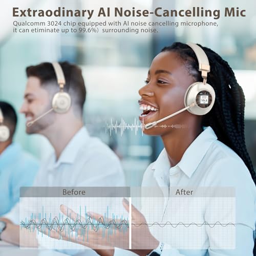 Wireless Headset with Mic for Work, Wireless Headset with Noise Cancelling Mic & USB Dongle for Meeting, V5.3 Bluetooth Headphones with Mic Mute for Work/Teams/Computer/Phone/Office/Home/Call Center