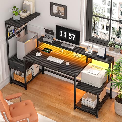 DurayLoly 55" Gaming Desk with,RGB LED,Headphone Hook Shelves for Bedroom - color: Black, size: 19.6"Dx55"Wx51"H