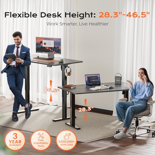 Huuger 55 x 28 Large Electric Standing Desk, Height Adjustable Desk, 27.6" Deep Desktop, Stand up Gaming Computer Office Desk with 2 Hooks, 3 Preset Heights, for Home Office, Grey - color: Grey, size: 55*28 inch (no outlets)