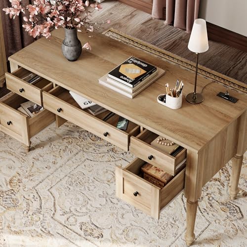 WAMPAT Home Office Furniture Set, 56'' Executive Desk with Charging Station, Farmhouse Cabinet with Glass Doors, Wood Computer Desk with File Cabinet, Open Shelf, Oak - color: Oak