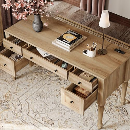 WAMPAT Home Office Furniture Set, 56'' Executive Desk with Charging Station, Farmhouse Cabinet with Glass Doors, Wood Computer Desk with File Cabinet, Open Shelf, Oak - color: Oak