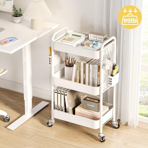 TOOLF 3 Tier Rolling Cart, Metal Utility Storage Cart with Pegboard, White | 2 Bins & 4 Hooks, Screwless Assembly, Lockable Wheels, Trolley Organizer for Bathroom, Kitchen, Office, Dorm, Craft Room - color: White, size: 3-Tier