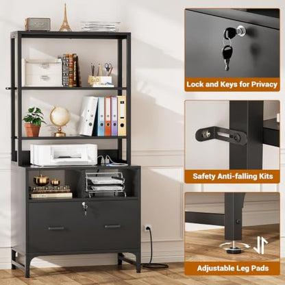 Homieasy File Cabinet with Charging Station, Vertical Filing Cabinet, Black - color: Black
