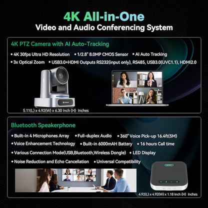 4K Conference Room Camera System, AI Auto-Tracking 4K PTZ Camera 3x Optical Zoom 92° Wide-Angle and Bluetooth Speakerphone 16.4FT Voice Pickup for Conferencing Worship Church Education Medical - color: Grey