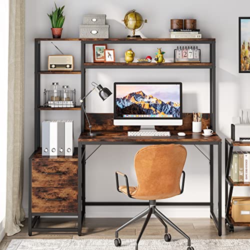 Tribesigns 55 Inch Computer Desk with 2 Drawers and Storage Shelves, Rustic Office Desk with Hutch, Study Writing Gaming Table Laptop Workstation for Home Office (Brown) - color: Brown