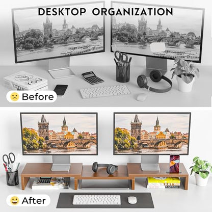BONTEC Dual Monitor Stand Riser, Adjustable Length & Swivel Angle, Walnut - color: Walnut, size: 42.5 in