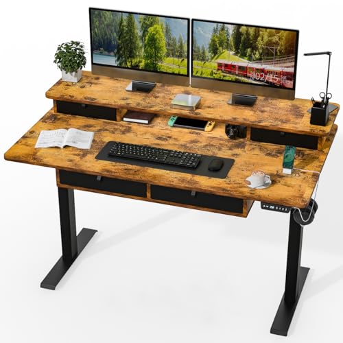 Kingant Electric Standing Desk with 4 Drawers, Height Adjustable 55"x 30" - color: Rustic Brown, size: 55" x 30"
