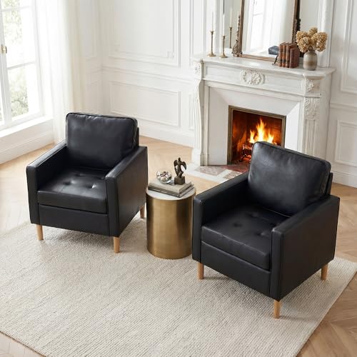 Black Leather Accent Chairs Set of 2, Mid-Century Modern, Lobby Chairs | STHOUYN Waiting Room Chairs with Arms, Club Chair, Reading, Guest, for Living Room Office Lobby - size: 2PCS