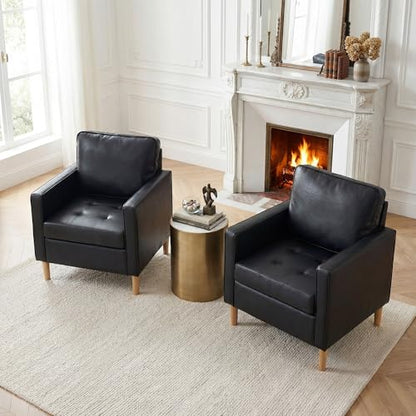 Black Leather Accent Chairs Set of 2, Mid-Century Modern, Lobby Chairs | STHOUYN Waiting Room Chairs with Arms, Club Chair, Reading, Guest, for Living Room Office Lobby - size: 2PCS