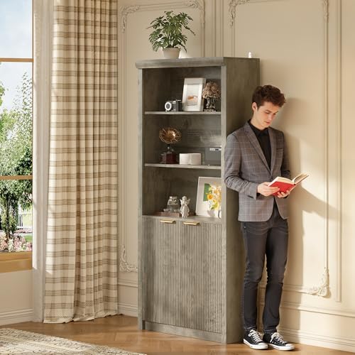 Modern Tall Book Shelf and Bookcase, 31.5"Wide Bookshelf with Doors, Farmhouse Book Case with Adjustable Top Shelf, Wood Storage Cabinet with 5 Tier Display Shelves for Home Office, Living Room,Grey | Farmhouse Book Case with Storage, Wood Storage Cabinet