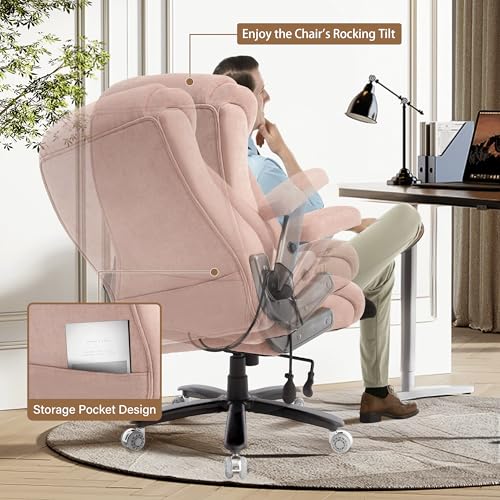 Fabric 700lbs Big and Tall Office Chair, Ergonomic Heavy Duty Executive Cloth Office Chair with 5D Flip Arms & Adjustable Lumbar Support & Dual Rubber Wheel, Large Thick Padded Extra Wide Seat, Pink - color: Pinkcloth