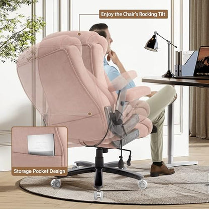Fabric 700lbs Big and Tall Office Chair, Ergonomic Heavy Duty Executive Cloth Office Chair with 5D Flip Arms & Adjustable Lumbar Support & Dual Rubber Wheel, Large Thick Padded Extra Wide Seat, Pink - color: Pinkcloth