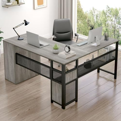 LVB Reversible L Shaped Desk with Drawers, Grey Computer Desk with Storage - color: Light Grey Oak
