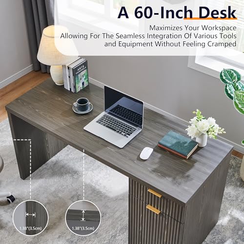 JXQTLINGMU 60" Modern Executive Desk with Storage, Wood Home Office Desk with Drawer & Cabinet, Fluted Computer Writing Desk for Study, Living Room, Bedroom, Grayish Green