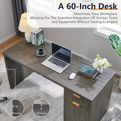 JXQTLINGMU 60" Modern Executive Desk with Storage, Wood Home Office Desk with Drawer & Cabinet, Fluted Computer Writing Desk for Study, Living Room, Bedroom, Grayish Green
