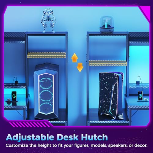 Casaottima 48 Inch Gaming Desk with Shelves & Hutch & 3 Drawers & LED Light | Reversible PC Desk with Tower Stand & Power Outlets, Computer Desk for Home Office, Carbon Fiber Black - size: 48 inch