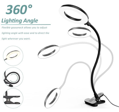 LED Desk Lamp with Clamp, 3 Color Modes, 10 Brightness | Eye-Caring Reading Light, Flexible Gooseneck, USB Powered, Dimmable, Clip On Design