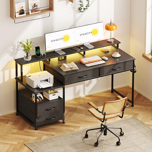MUTUN 53" Computer Desk with 4 Drawers & Power Outlets, Reversible Home Office Desk with Monitor Stand & Printer Stand, Gaming Desk with Led Lights, Study Writing Work Desk Table for Bedroom (Black) - color: Black