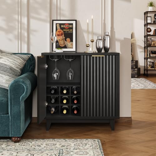 Fluted Coffee Bar Cabinet with Storage, Modern Sideboard Buffet Cabinet - color: Black, size: Coffee Bar - 15.7"D x 31.5"W x 31.5"H