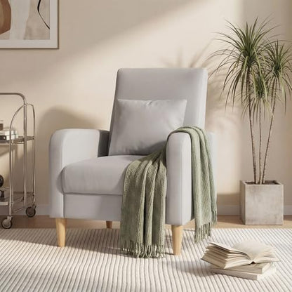 COLAMY Mid-Century Modern Accent Chair, Faux Leather Upholstered Living Room Chair with Back Pillow & Solid Wood Legs, Comfy Armchair for Living Room, Bedroom, Single Sofa, Light Grey - color: Light Grey, size: Set of 1