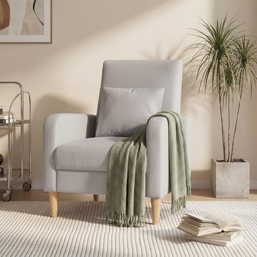 COLAMY Mid-Century Modern Accent Chair, Faux Leather Upholstered Living Room Chair with Back Pillow & Solid Wood Legs, Comfy Armchair for Living Room, Bedroom, Single Sofa, Light Grey - color: Light Grey, size: Set of 1
