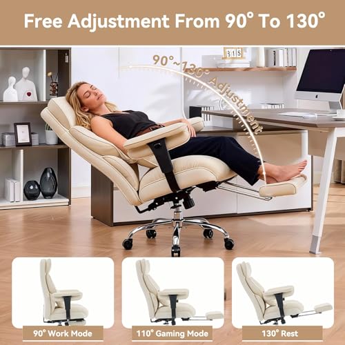 Efomao Executive Office Chair, Beige Fabric Big and Tall Desk Chair | Breathable fabric, pocket spring & foam seat, retractable footrest, 135° recline for computer gaming setup - color: 3084mus-beige