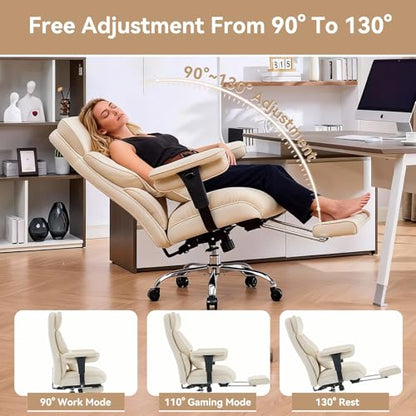 Efomao Executive Office Chair, Beige Fabric Big and Tall Desk Chair | Breathable fabric, pocket spring & foam seat, retractable footrest, 135° recline for computer gaming setup - color: 3084mus-beige