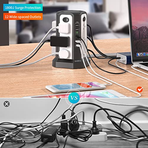 Surge Protector Power Strip Tower 10FT with PD18W USB C Port | Extension Cord with 12 AC Multiple Outlets, Charging Tower with 5 USB, Overload Protection for Home Office, Black White - style: Black White-4A1C