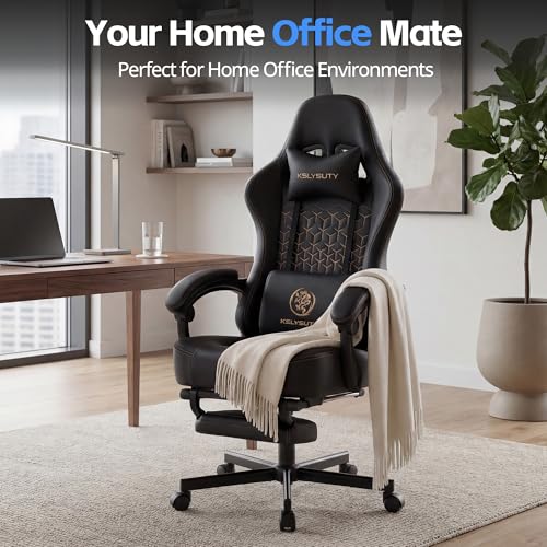 Desk Computer Gaming Chair - Ergonomic Game Office Chair with Extended Footrest and Massage Lumbar Support, Home Gamer Video Game Chairs with Spring Cushion for Adults (Pro Black Leather) - color: Pro Black Leather