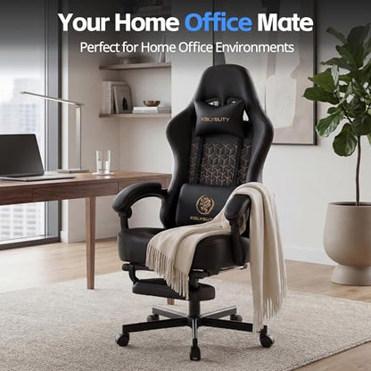Desk Computer Gaming Chair - Ergonomic Game Office Chair with Extended Footrest and Massage Lumbar Support, Home Gamer Video Game Chairs with Spring Cushion for Adults (Pro Black Leather) - color: Pro Black Leather