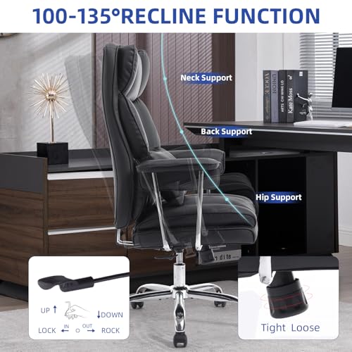 Big and Tall Office Chair with Footrest,400 lbs Heavy Duty Executive Chair | PU Leather High Back Wide Desk Chair,135° Reclining,Pocket Spring Back Support and Matching Lumbar Pillow - color: Black
