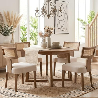HNY Mid Century Modern Rattan Dining Chairs Set of 2, Linen Upholstered Kitchen & Dining Room Chairs with Ergonomic Curved Back, Solid Wood Frame, Farmhouse Accent Chairs for Home, Apartment, Beige - color: Beige Rattan