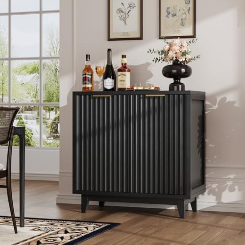Fluted Coffee Bar Cabinet with Storage, Modern Sideboard Buffet Cabinet - color: Black, size: Coffee Bar - 15.7"D x 31.5"W x 31.5"H