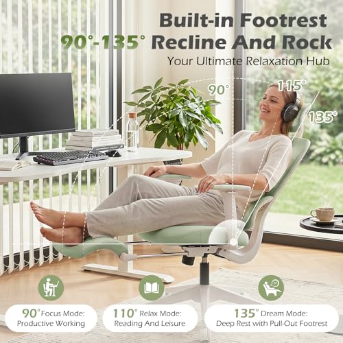 Ergonomic Office Chair with Footrest and Dynamic Lumbar Support, Green | Reclining high-back computer chair, memory foam seat, 2D armrests, 2D headrest, mesh desk chair for home office, long hours - color: Green